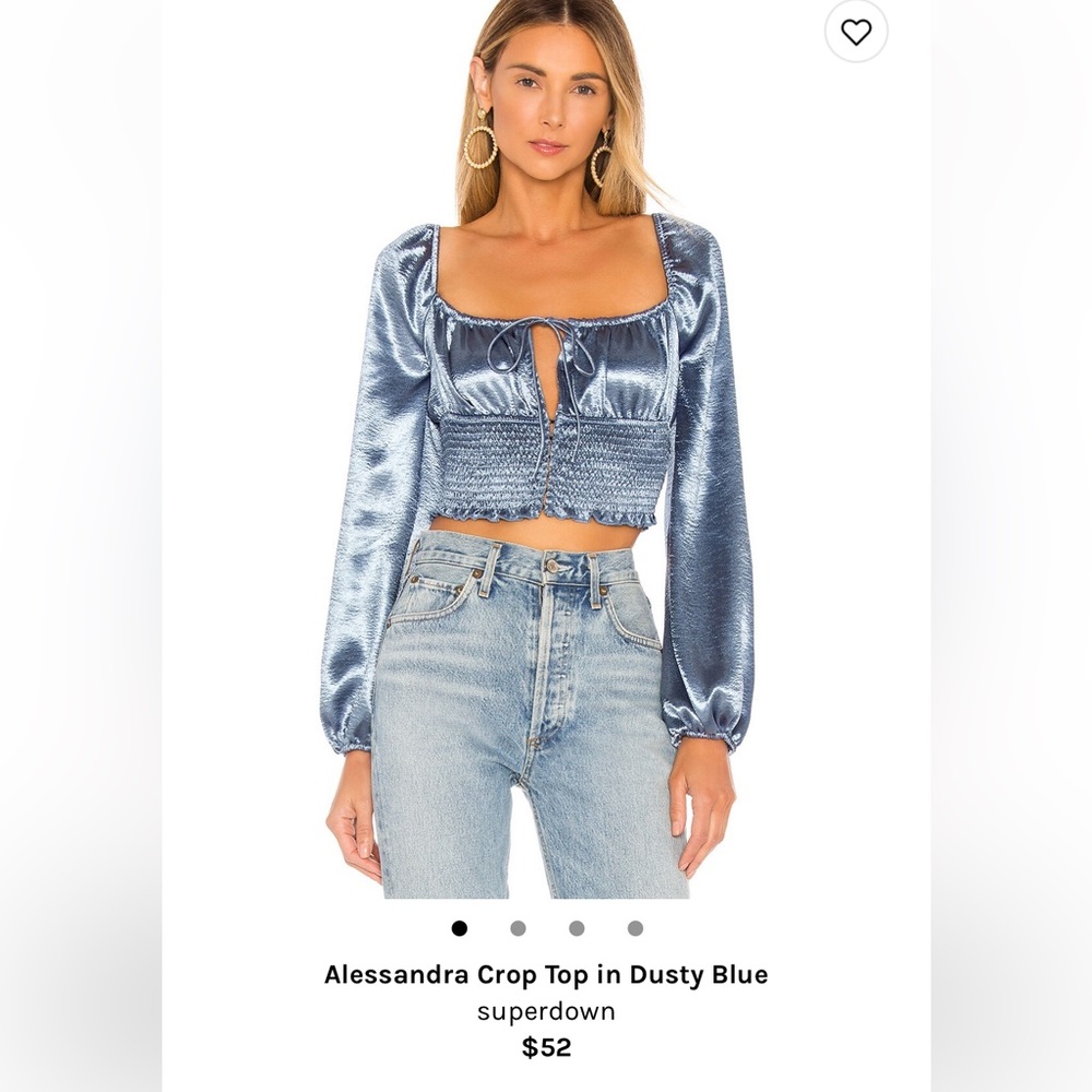 Blue super down crop top with hook closures and tie satin like feel
